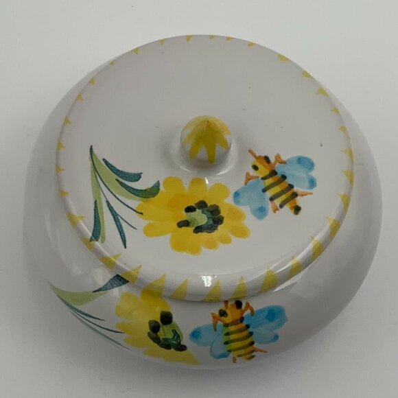 Italian Hand Painted Round Pottery Bumble Bee Trinket Box w/Lid Italy Marked - Picture 2 of 10